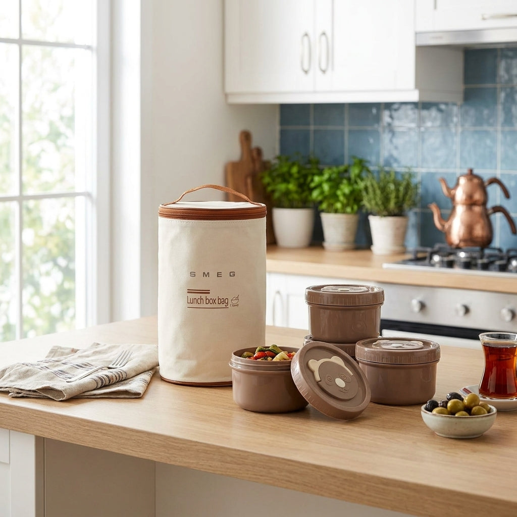 SMEG Silindirik Yemek Çantası ve 3 Kap Seti - Krem