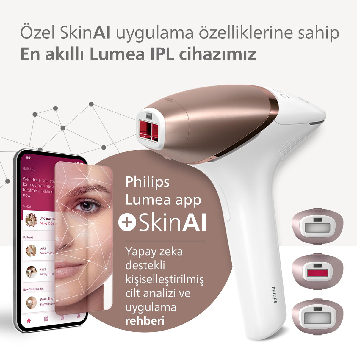 Philips Lumea 9900 Serisi BRI953/01 IPL Tüy Alma Cihazı - SkinAI, Vücut/Yüz/Bikini, 3 Başlık + Çanta - SkinAI Uygulama