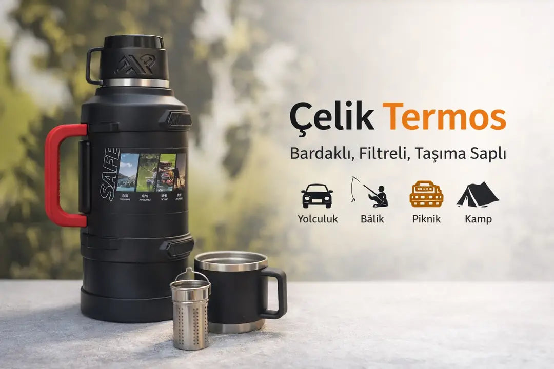 Çelik Termos – Bardaklı, Filtreli, Taşıma Saplı (Outdoor ... - Ön Görünüm