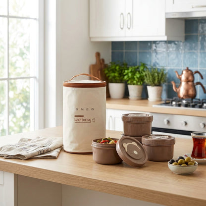 SMEG Silindirik Yemek Çantası ve 3 Kap Seti - Krem